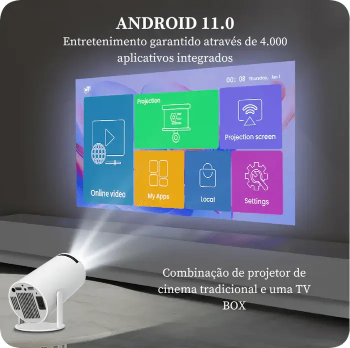 Projetor HY300 Wi-fi Portátil com Android 11 USB HDMI Bluetooth Smart Cinema