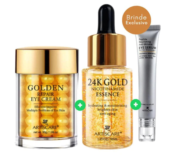 Combo Gold - Sérum Essência 24K + Creme para os olhos + Rolo massageador anti rugas